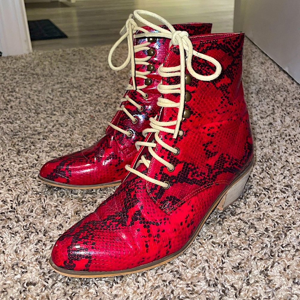 Red / black snake skin ankle boots